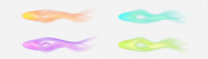 Set of magic effects of magic in the form of glowing streams and shining curls on a white background. Vector illustrations for fantasy, games, animations and fairy-tale projects.