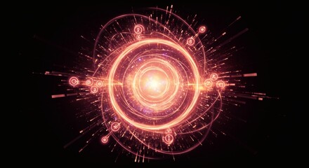 Obraz premium Glowing concentric circles with particles and symbols on a black background radiating outward
