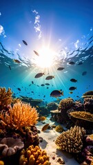 Fototapeta premium Bright sun rays shining through ocean, fish swimming above coral reef