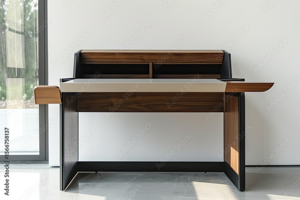 Fototapete a modern desk with a sleek design and ample workspace, set against a white backdrop