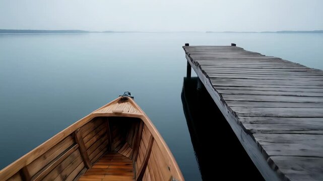 Weathered wooden rowboat drifting quietly beside old pier, misty lake surface reflecting soft dawn luminescence
