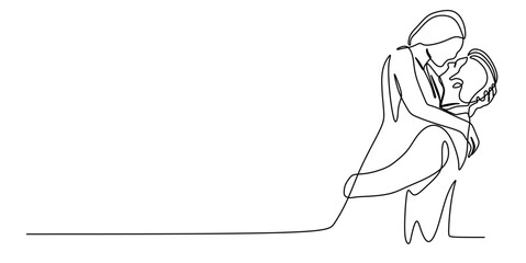 continuous line art of a pair of man and woman in dress and suit performing a wedding reception and hugging. wedding concept. this icon is for invitation cards.
