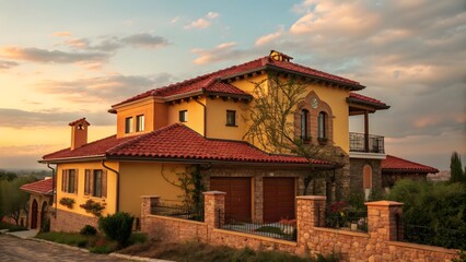 A mediterranean style house with a red tile roof and yellow stucco walls under a cloudy sky at sunset