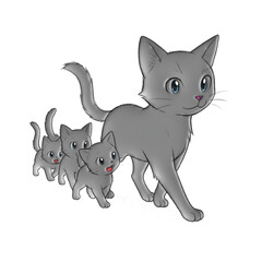 Grey cat family walking together.