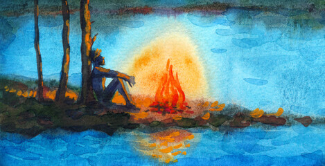 Watercolor night landscape. Bonfire by the river