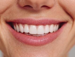 Close up view of a woman's smile showing healthy white teeth and pink lipstick lips