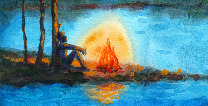 Watercolor night landscape. Bonfire by the river