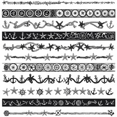Decorative marine patterns with anchors and starfish in black  