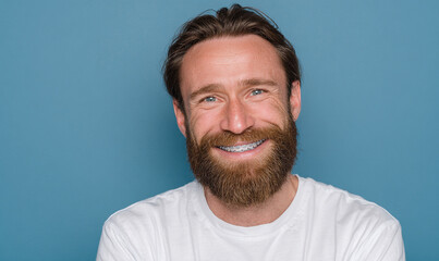 Fototapeta premium A bearded man with braces smiling in a white shirt against a blue background studio