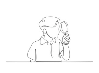 Smart boy Magnifying Glass draw in single outline illustration. Continuous line art drawing of curious Boy Holding a Magnifying Glass.