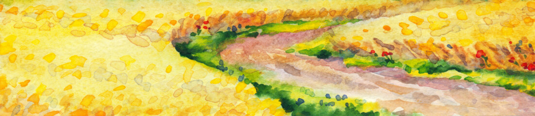 Watercolor landscape. Summer meadow near the barn