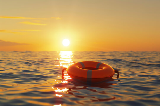 A red life preserver sits in the ocean at sunset