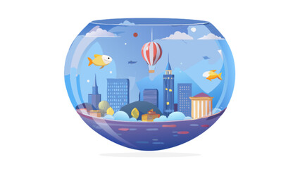 Obraz premium Cityscape aquarium with fish and hot air balloon vector illustration design creative concept for decoration