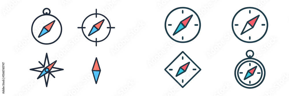 Poster Collection of various compass designs showcasing distinct styles and orientations for navigation and exploration purposes