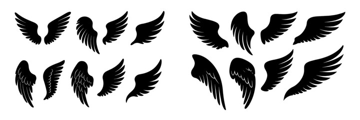 Various wing designs in black silhouette showcasing different styles and shapes for creative use in art and design projects