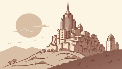Illustration of fantasy castle landscape drawing with tower and sun in brown color scheme art 100