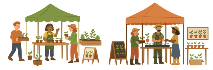Local plant market where vendors sell seedlings and gardening supplies in a community gathering
