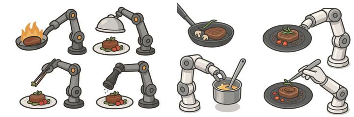 Robotic arms preparing gourmet dishes with precision in a modern kitchen setting, showcasing advanced culinary techniques