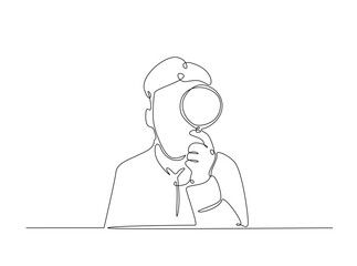 Smart boy Magnifying Glass draw in single outline illustration. Continuous line art drawing of curious Boy Holding a Magnifying Glass.