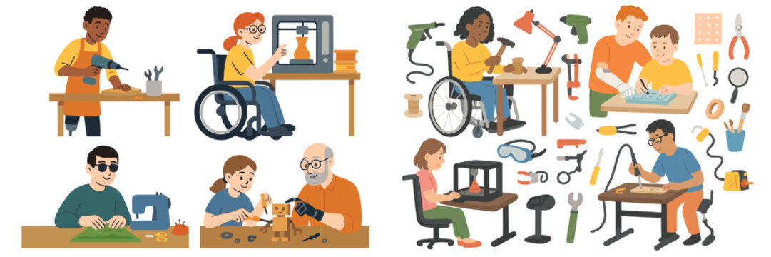 Creative individuals engaging in various woodworking and crafting activities in a workshop environment