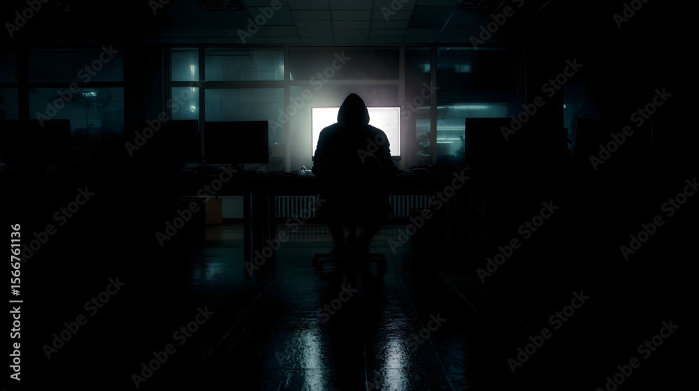 Poster lone hacker silhouetted by monitor light in an empty tech lab