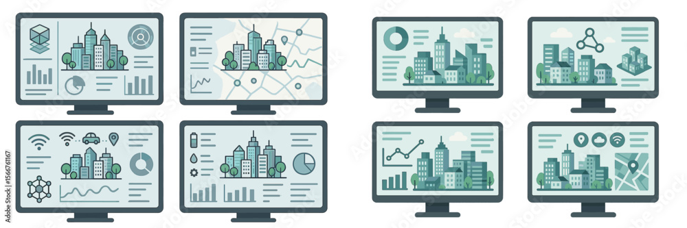 Poster visual representation of urban data analysis on multiple digital screens in a modern workspace setti