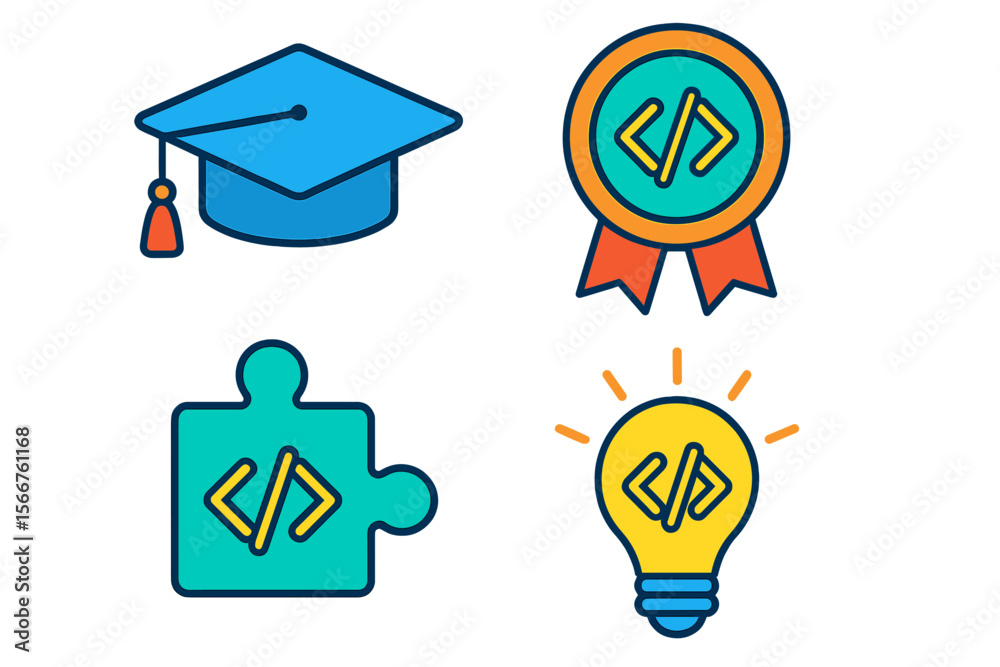 Poster creative icons representing education, achievement, and problem-solving in a vibrant design for digi