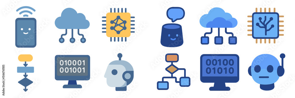 Aufkleber Digital technology icons depicting AI, cloud computing, and data flow in a modern design setting