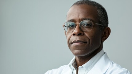 A man in a white lab coat, wearing glasses, standing against a gray background.