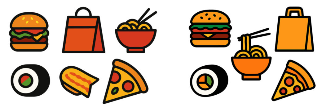 Colorful food icons representing popular fast food items and takeout options in a modern design layout