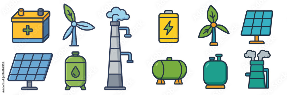 Poster energy icons representing renewable and non-renewable sources with various technologies for generati