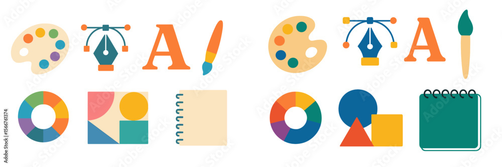 Poster Creative graphic design elements featuring art tools and shapes in a colorful arrangement suitable for artistic projects