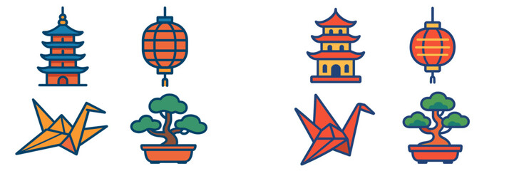 Colorful origami and traditional Asian architecture symbols showcased in a decorative arrangement