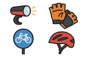Cycling safety gear and accessories displayed with a spotlight and bike sign for outdoor enthusiasts