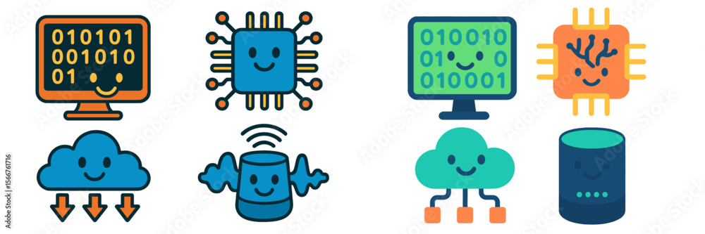 Aufkleber Fun and colorful digital icons representing technology concepts and devices used in computing and data storage