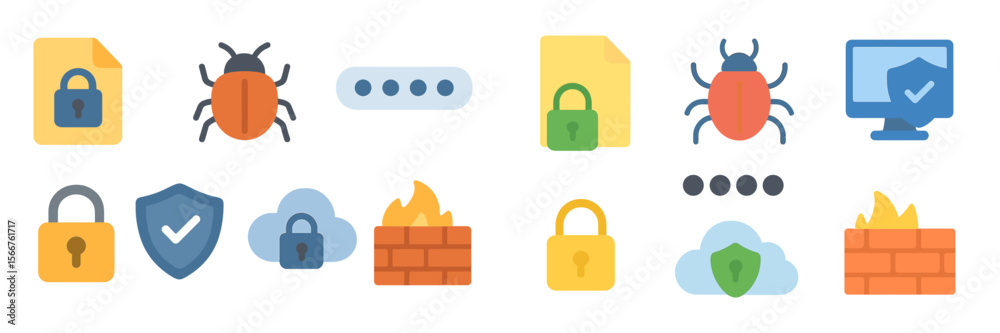 Poster colorful digital security icons representing online safety, malware, and data protection concepts fo
