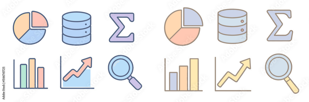 Poster Visual representation of data analytics symbols showing charts, graphs, and data sets used in business analysis