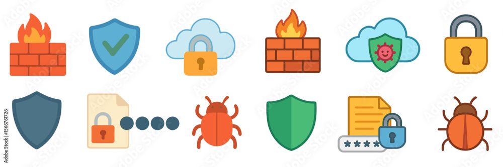 Poster Set of colorful security icons representing firewall, data protection, and cybersecurity concepts