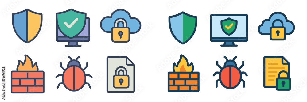 Poster various cybersecurity icons illustrating protection, threats, and safe practices in a digital enviro