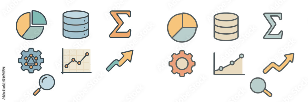 Poster Various icons representing data analysis, statistics, and graphs in a minimalistic design for educational or professional use