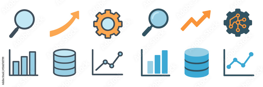 Poster data analysis symbols representing trends, metrics, and growth in a digital context