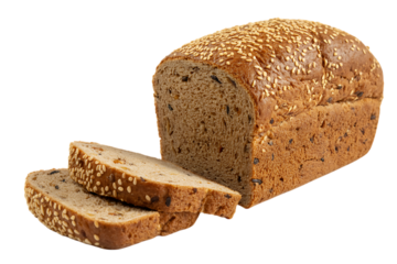 Freshly baked whole wheat bread with sesame seeds and slices isolated on transparent background