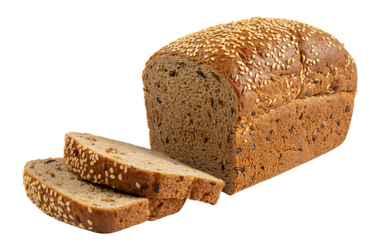 Freshly baked whole wheat bread with sesame seeds and slices isolated on transparent background