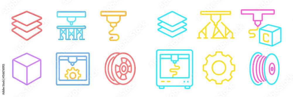 Poster colorful icons representing various 3d printing technologies and processes in a modern design settin