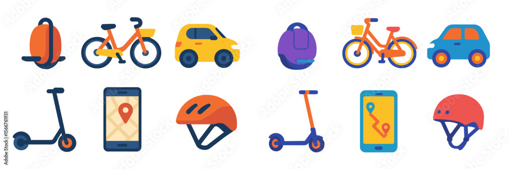Poster Various colorful icons depicting transportation modes and accessories in a modern urban setting