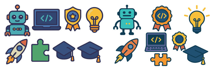 Fototapeta premium Creative illustrations of technology and education concepts featuring robots, light bulbs, and academic symbols in a colorful arrangement