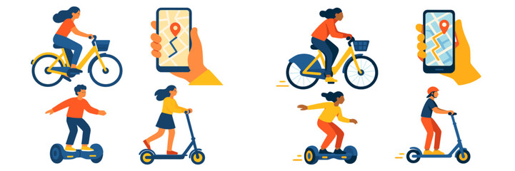 Digital navigation guides urban transport with bicycles, scooters, and hoverboards for efficient commuting in a lively city environment