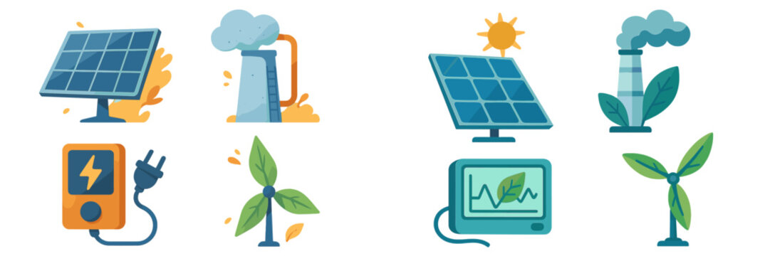 Solar panels and wind turbines symbolizing renewable energy solutions in a vibrant, eco-friendly setting