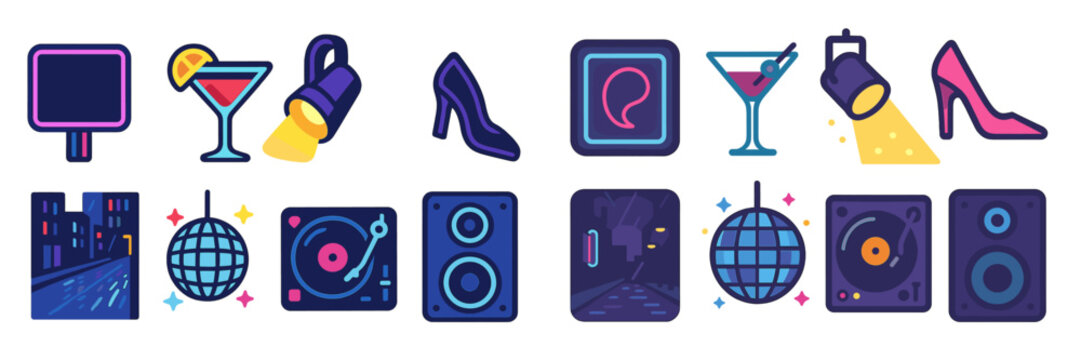 Nightlife elements featuring cocktails, music, and stylish footwear in a vibrant city setting