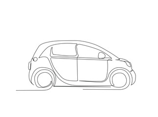 City car draw in single outline illustration. Continuous line art drawing of moden car.